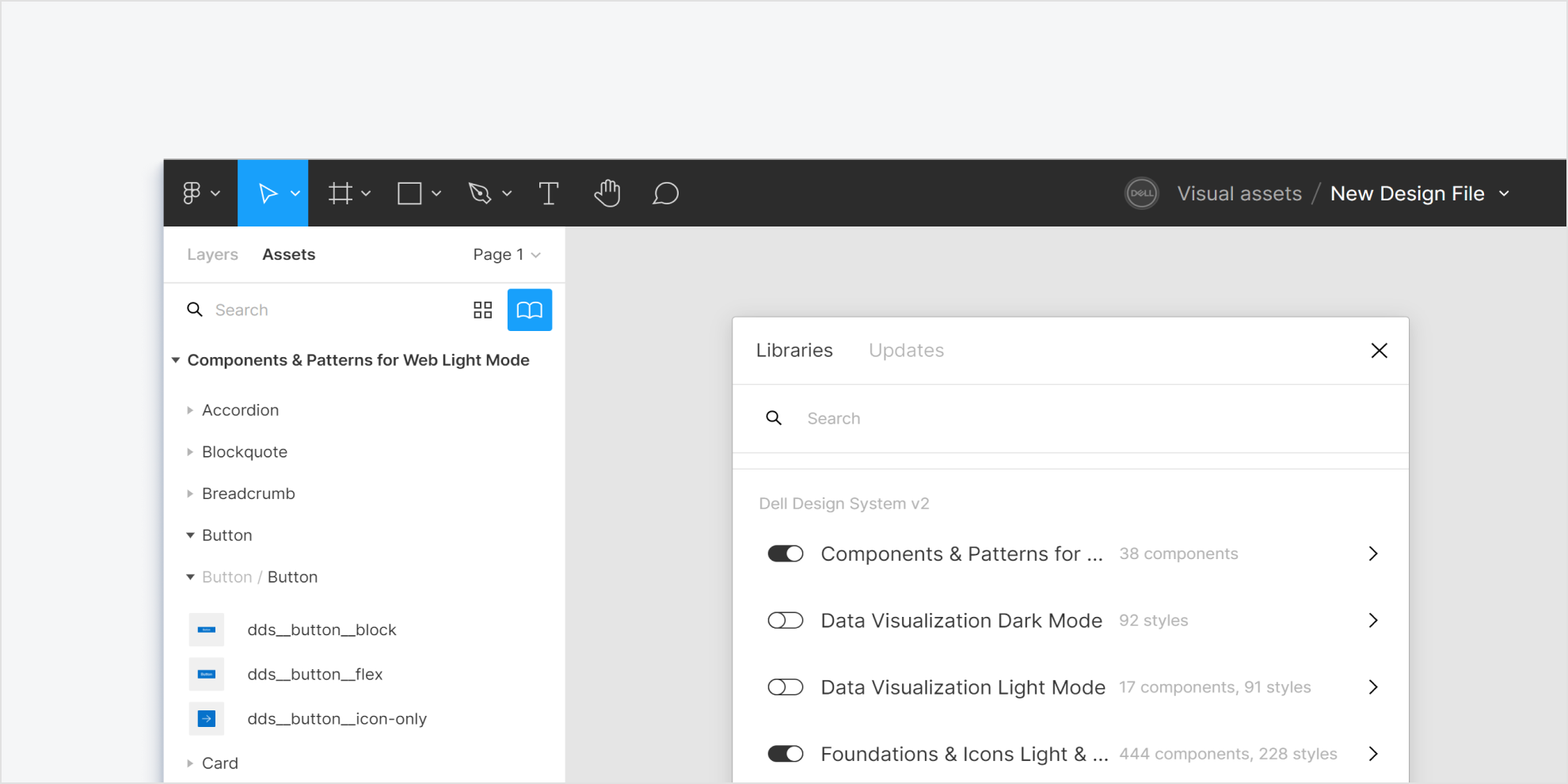 The library modal in Figma showing a list of available DDS v2 libraries