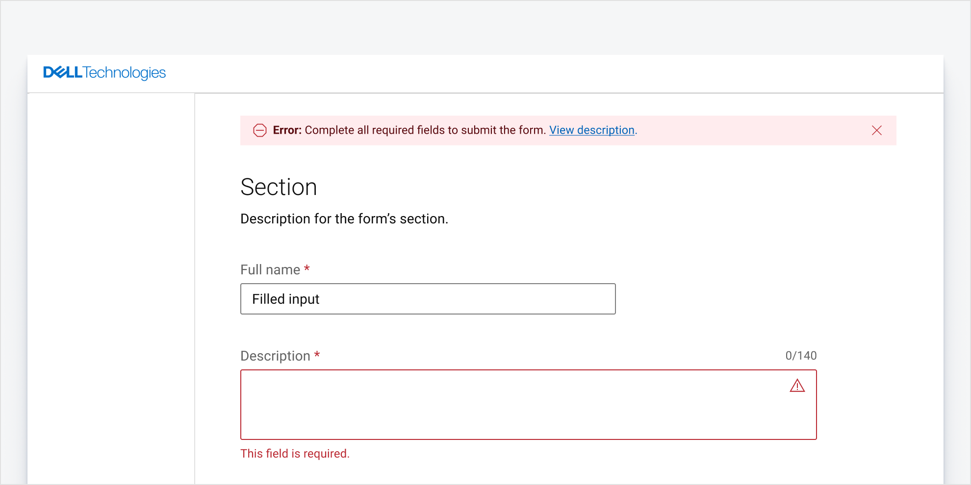 An image showing a message bar” “Complete all required fields to submit the form.”