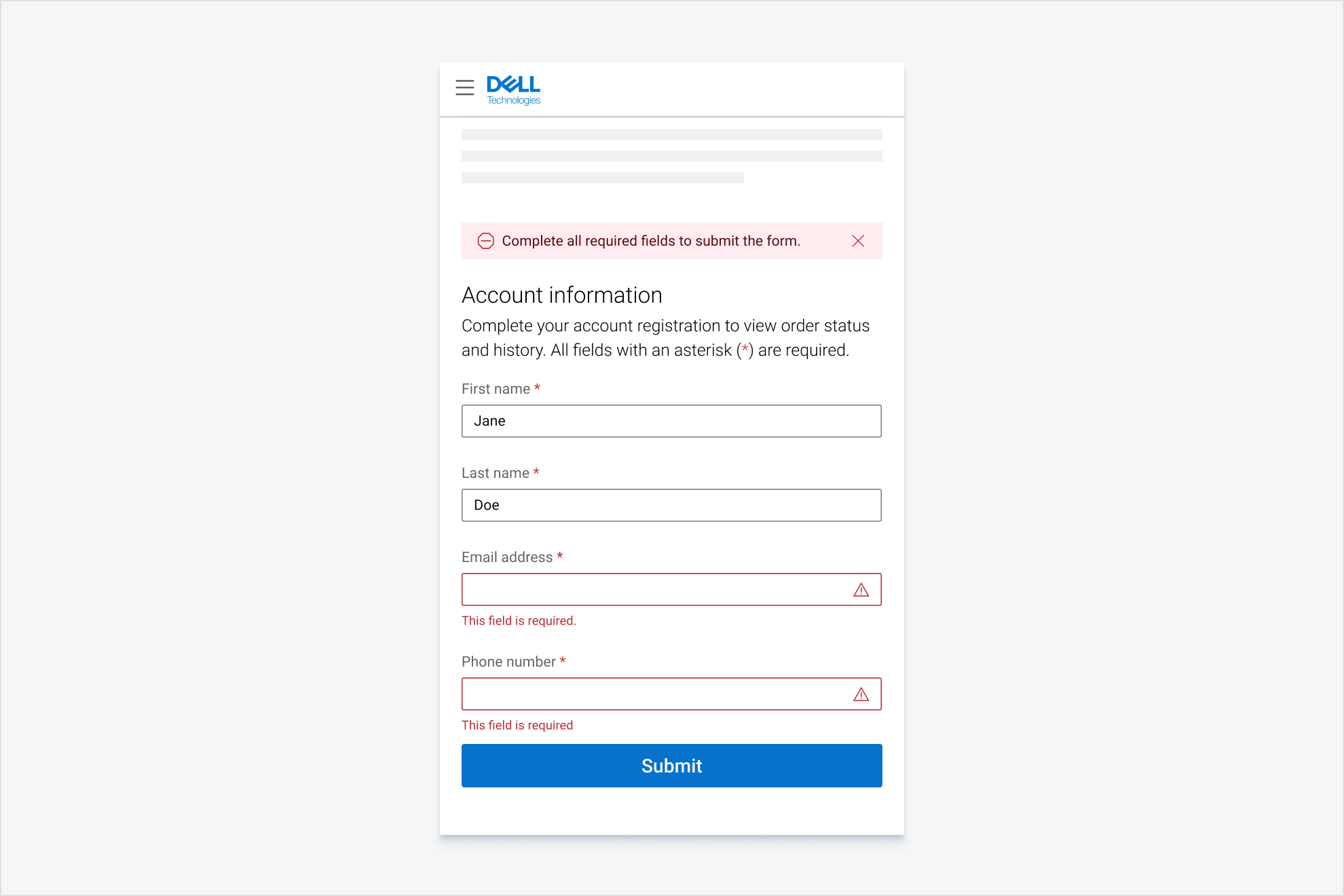 An account registration form with in-line errors and a contextual message bar showing additional information: “Complete all required fields to submit the form.” Email address and phone number fields are incomplete.