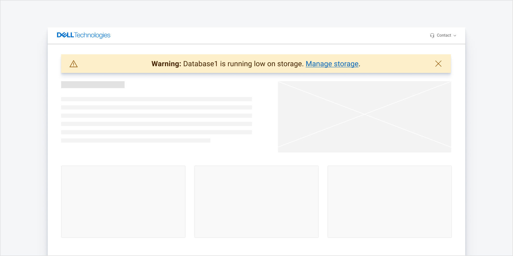 Global message bar warning, “Database 1 is running low on storage.” Link shown: “Manage storage”.