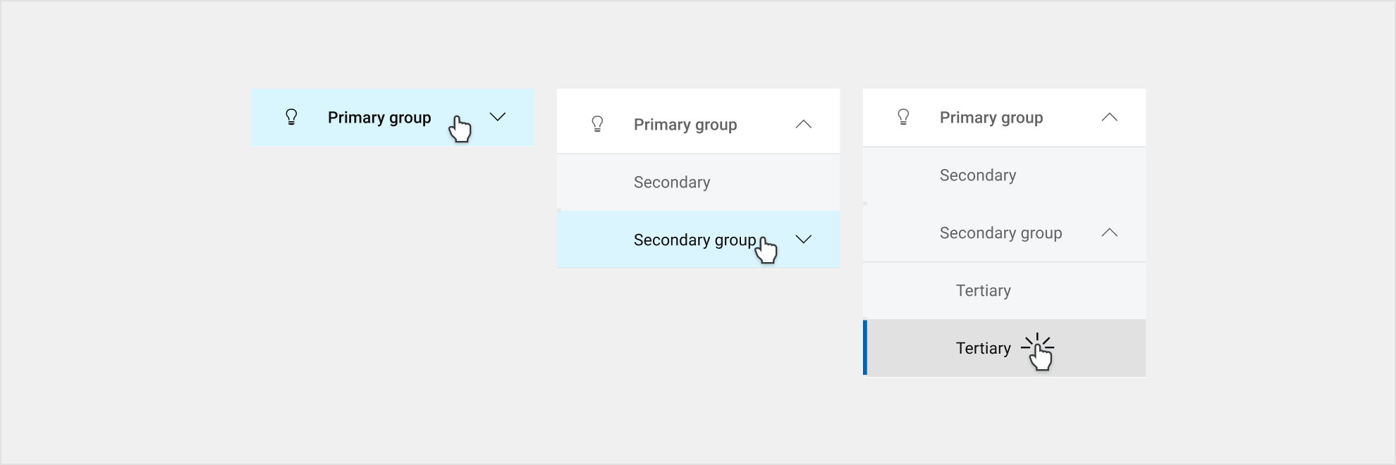 Selecting a primary group reveals the secondary page levels. Secondary groups function similarly, in that selecting the page drops down tertiary page levels. 